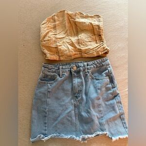 Mini Jean skirt and strapless top